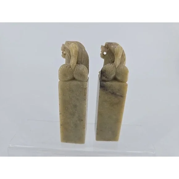 Vtg 1960s Pair of Chinese Soapstone Foo Dog Hand Carved Chop Seal 4in Statues